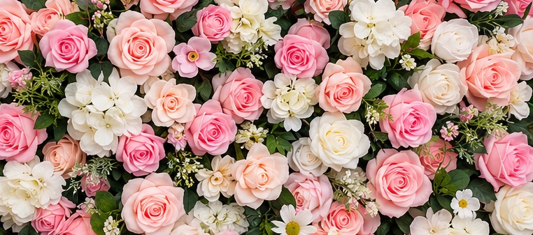 Close-up of Blush Garden's pink, peach, cream and white roses with greenery