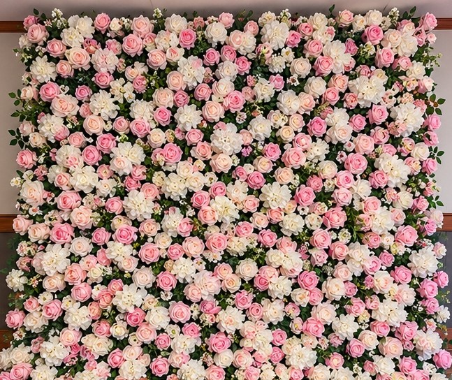 Blush Garden flower wall with pink and white blooms and greenery