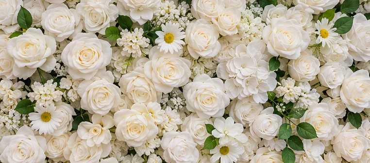 Close-up of Ivory Garden's white and ivory roses with restrained greenery